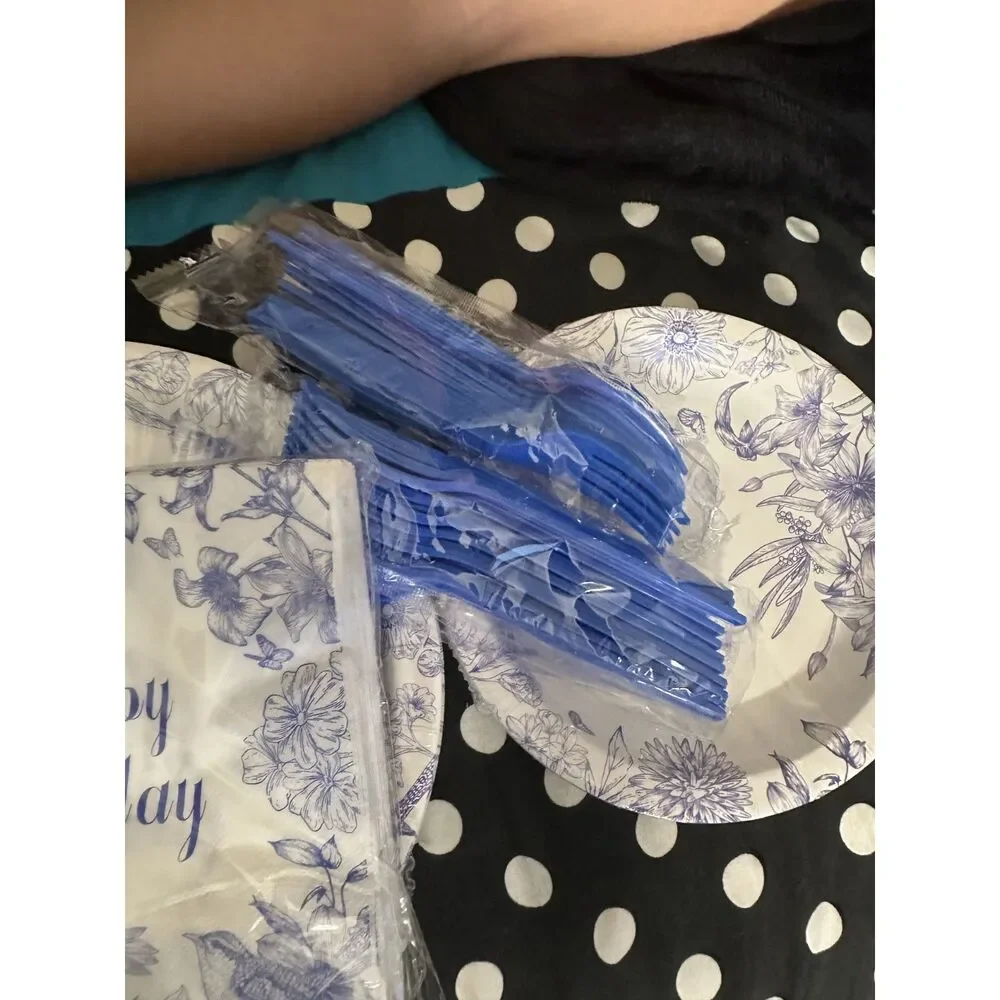 96Pcs Blue Floral Happy Birthday Party Pack Plates Napkins Cutlery Serves 24